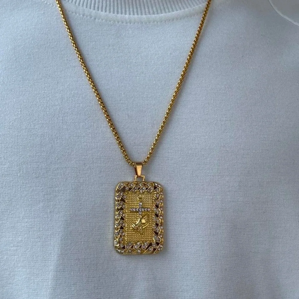 Gold Praying Hands Cross Rectangular Pendant Necklace Mens 24 Inch Chain